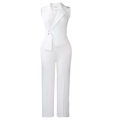 Detail of white sleeveless jumpsuit featuring notched lapels and belted waist with metal buckle - S / White
