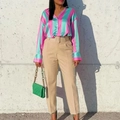 Camicia di raso a righe alla moda e pantaloni a vita alta con cintura stile urbano - S / Cachi