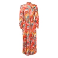 Detail eines plissierten Maxikleids mit Stehkragen, Marmorprint und Taillenband - S / Orange Abstrakter Druck