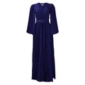 Detail of dark blue V-neck pleated maxi dress with lantern sleeves and matching belt - S / Dark Blue