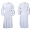 Detailed front and back view of white lace hollow-out dress with pleated skirt - White with Belt