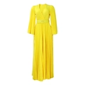 Detailed view of yellow maxi dress featuring pleated fabric, deep V-neck and square buckle belt - S / Yellow