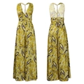 Macro detail of mustard yellow paisley print halter neck jumpsuit with backless design - S / Gold