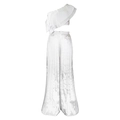 Detail of white one-shoulder ruffled crop top and pleated wide-leg pants on white background - S / White