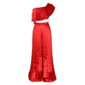 Detail of red pleated two-piece set featuring one-shoulder ruffle top and wide-leg trousers - S / Red