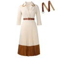 Elegantes beige-braunes Kleid mit Faltenrock, Reverskragen und Gürtel im Colorblock-Stil - S / Beige mit Gürtel