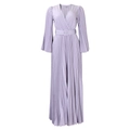 Detail of lavender pleated dress featuring deep V-neck, flared sleeves and matching belted waist - S / Gray