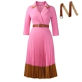 Elegantes rosa plissiertes Midikleid mit braunem Revers und passendem Ledergürtel - S / Rosa Mit Gürtel