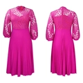 Detail view of fuchsia pleated dress with lace hollow-out stitching and stand collar - Magenta With Belt