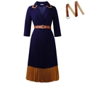 Elegantes marineblaues Plissee-Kleid mit V-Ausschnitt, braunem Besatz und passendem Gürtel - S / Dunkelblau mit Gürtel
