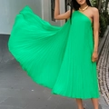 Elegant bright green one-shoulder pleated maxi dress with a flowing large swing silhouette - S / Green