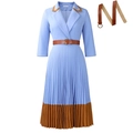 Elegantes hellblaues Kleid mit Plissee-Saum in Karamell, Reverskragen und Gürtel - Himmelblau Mit Gürtel