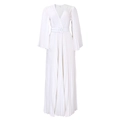 Detailed view of white pleated long dress with deep V-neck, waist belt, and long sleeves - S / White