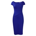Detail of royal blue short sleeve pencil dress featuring elegant front waist cross pleats - S / Dark Blue