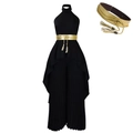 Elegante zwarte geplooide jumpsuit met halternek en goudkleurige riem met modieuze kwastjes - S / Zwart