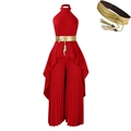 Elegante rode halter-jumpsuit met geplooide pijpen en een gouden riem met franjes - S / Rood