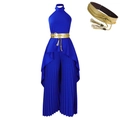 Koningsblauwe geplooide halter jumpsuit met elegante gouden riem met kwastjes - S / Blauw