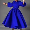 Close-up of royal blue long-sleeve puff dress with matching belt and flared skirt - S / Blue
