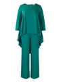 Detail of emerald two-piece set featuring asymmetrical ruffled hem top and wide-leg pants - S / Green