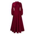 Detail of burgundy maxi dress featuring an elegant neck tie and puff lantern sleeves - S / Burgundy
