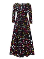 Detail of bohemian long-sleeved maxi dress featuring colorful polka dots and waist tie cord - Colored Polka Dots
