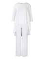 Detail of white two-piece set featuring asymmetrical hem top and wide leg trousers - S / White