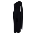 Detail eines schwarzen One-Shoulder-Jumpsuits mit fließendem Chiffon-Cape-Overlay - S / Schwarz