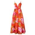 Detail of V-neck summer maxi dress with orange floral print and spaghetti straps - S / Orange