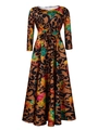 Detailed view of long sleeve maxi dress featuring vintage abstract floral prints and waist tie - Brown Black Flower