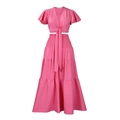 Detalle de conjunto rosa de dos piezas con top de cuello en V y falda larga con volantes - S / Rosa