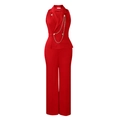 Detailansicht eines roten ärmellosen Jumpsuits mit Goldknöpfen und Metallkette - S / Rot
