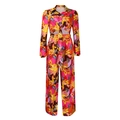 Detailansicht des farbenfrohen Sets aus Hemd und Hose mit weitem Bein und Blumendruck - S / Gelb