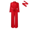 Detail of red long sleeve jumpsuit showing collared neckline and fabric waist belt - S / Red