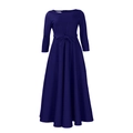 Detail of the high waist tie-knot bow and elegant A-line flare on this navy blue maxi dress - S / Dark Blue