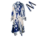 Vestido camisero floral para mujer con manga larga, dobladillo irregular y cinturón - S / Albaricoque