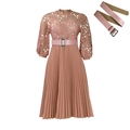 Detail of elegant lace hollow design and pleated skirt of this solid color maxi dress - Dark Khaki