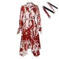 Vestido camisero con estampado de hojas rojas y blancas, dobladillo irregular y cinturón - S / Burdeos