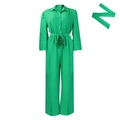 Detail of lime green long sleeve jumpsuit with waist drawstring and wide leg cut - S / Green