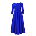 Detail of royal blue A-line maxi dress featuring a high waist tie-up bow and long sleeves - S / Blue