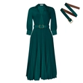 Details von dunkelgrünem Plissee-Maxikleid mit V-Ausschnitt und passendem Gürtel - S / Dunkelgrün