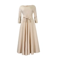 Detail of elegant beige long-sleeve maxi dress featuring a waist belt and flared skirt - S / Light Khaki