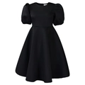 Detailed flat lay of black crew neck A-line dress with puff sleeves and cinched waist - S / Black