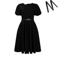 Elegantes schwarzes Kleid mit Puffärmeln und Gürtel mit goldener Metallschnalle - S / Schwarz