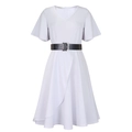 Detail van witte grote maten jurk met V-hals, ruches mouwen en zwarte riem - S / Wit Met Zwarte Riem