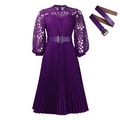 Detalle del vestido de encaje morado con falda plisada y cinturón a juego incluido - S / Estilo Detalle Cinturón Hebilla Cuadrada (C8595) / Púrpura profundo