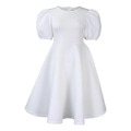 Detail of short puff sleeves and round neckline on a white elegant A-line evening dress - S / White