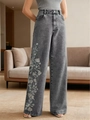 Jeans in denim grigio antracite a vita alta e gamba larga da donna con ricami floreali chic - S / Grigio