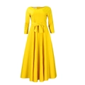 Detail of a vibrant yellow long-sleeved maxi dress featuring a self-tie waist bow - S / Yellow