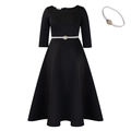 Elegant black long-sleeved evening gown with pearl belt and matching necklace accessory - S / Black With Belt