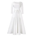 Detail view of white long-sleeved dress with elegant waist tie and round neckline - White